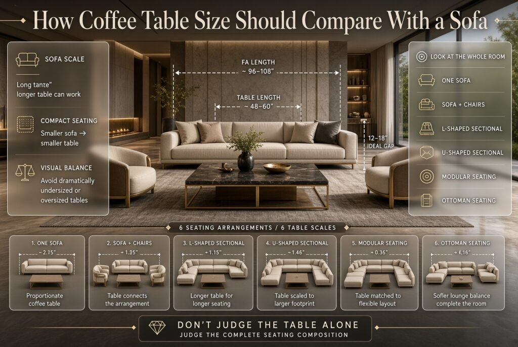 Coffee table and sofa size comparison showing balanced proportions for sofas, sectionals, chairs, and modular seating layouts.