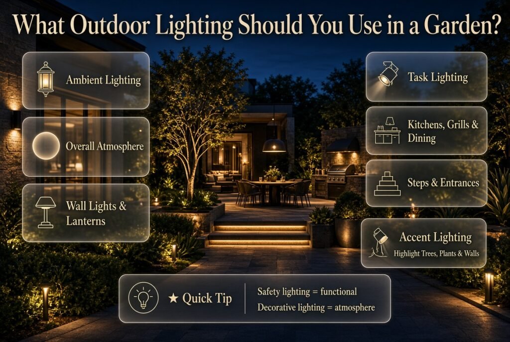 Garden outdoor lighting with ambient wall lights, task lighting, and accent lights highlighting trees, plants, paths, and walls