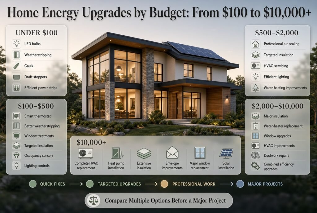 Home energy upgrades organized by budget, from LED bulbs and weatherstripping to HVAC, insulation, windows, and solar.