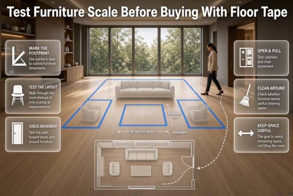 Testing furniture scale before buying with painter's tape to visualize sofa, table, chairs, walking paths, and room clearance.