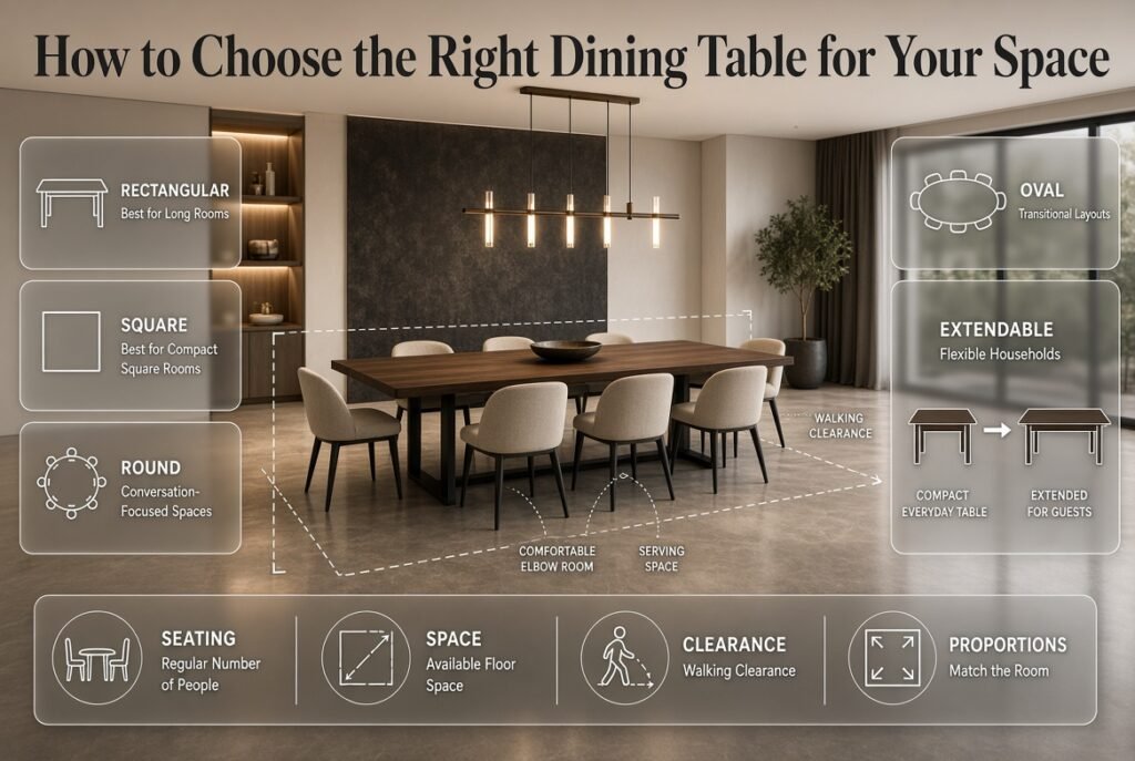 Dining table buying guide showing rectangular, square, round, oval, and extendable tables for different room sizes and needs.