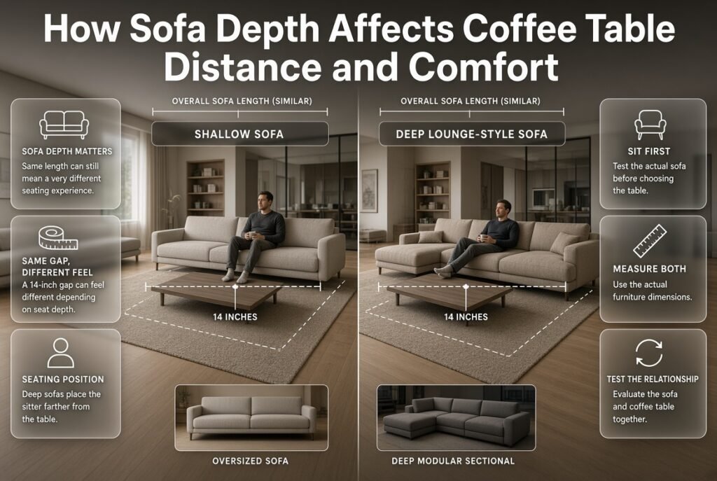 Sofa depth comparison showing how shallow and deep sofas change coffee table distance, seating position, and leg comfort.