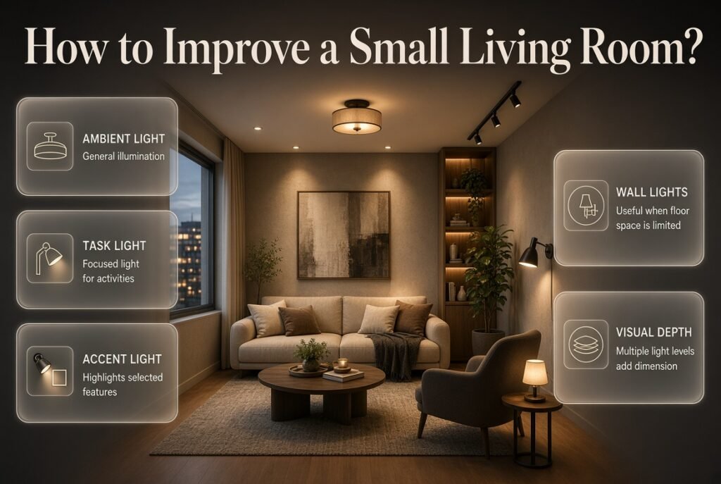 Small living room lighting with ambient, task, accent, and wall-mounted lights creating depth while saving valuable floor space