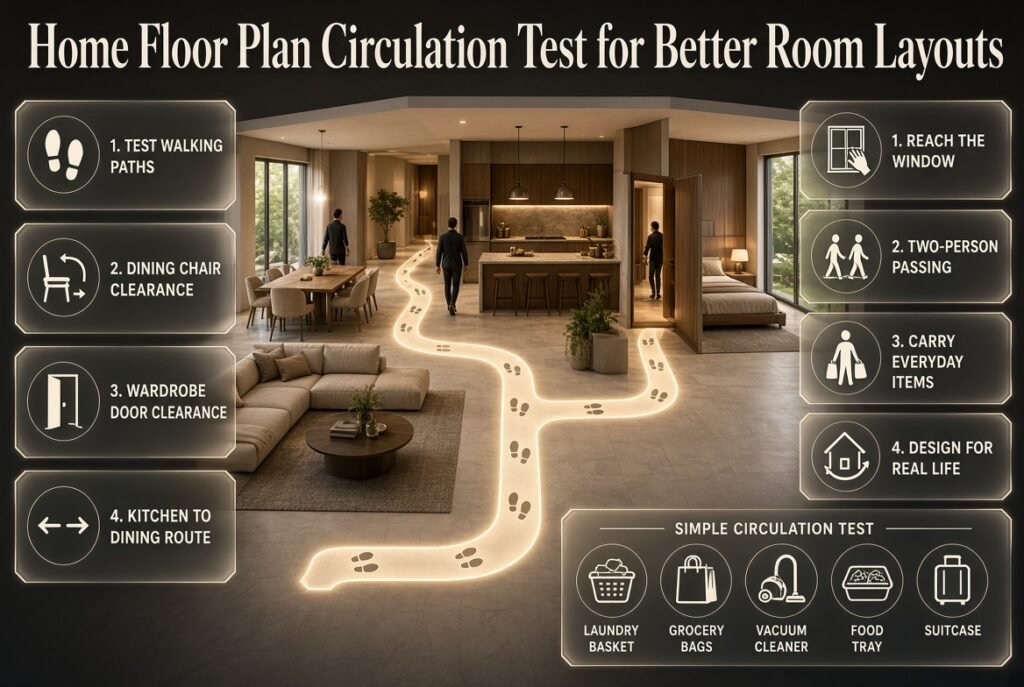 Home floor plan circulation test showing furniture spacing, walking paths, doors, windows, and everyday movement through rooms.