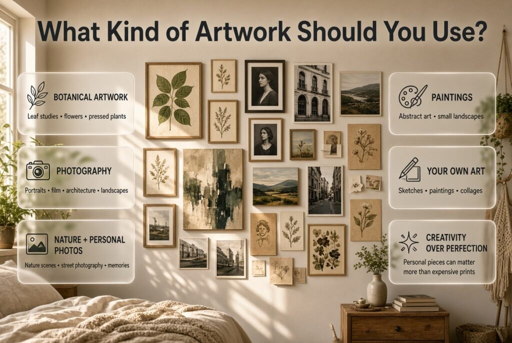 Art hoe bedroom artwork featuring botanical prints, photography, paintings, and personal creative pieces in a curated display.