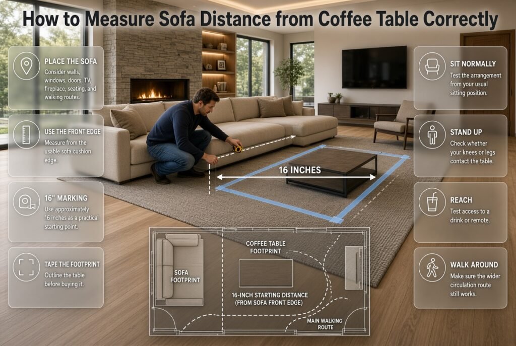 How to measure sofa distance from coffee table using a tape measure, painter's tape, seating tests, and circulation checks.