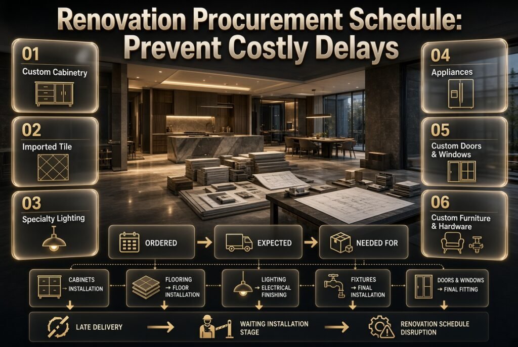 Renovation procurement schedule showing cabinetry, flooring, lighting, fixtures, delivery dates, and installation planning for a home project.