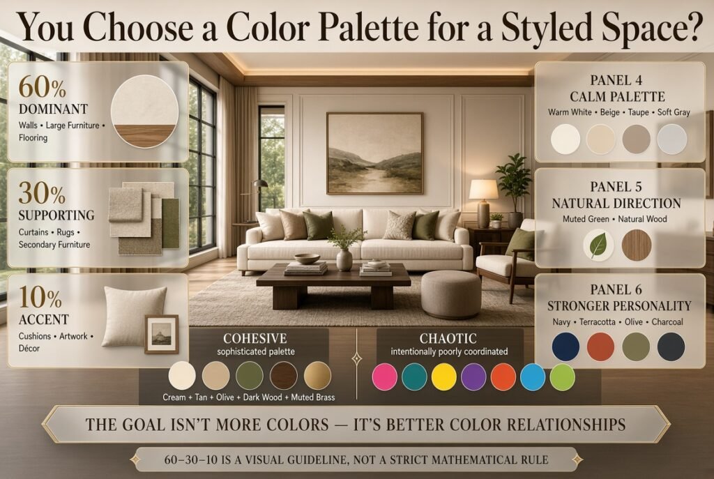 Styled space color palette using dominant, supporting, and accent colors with warm neutrals, natural wood, and rich interior accents