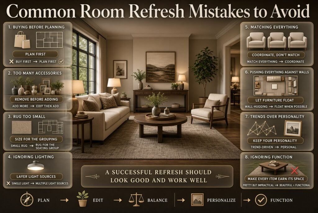 Common room refresh mistakes including excess décor, small rugs, poor lighting, matching furniture, weak layouts, and ignored function
