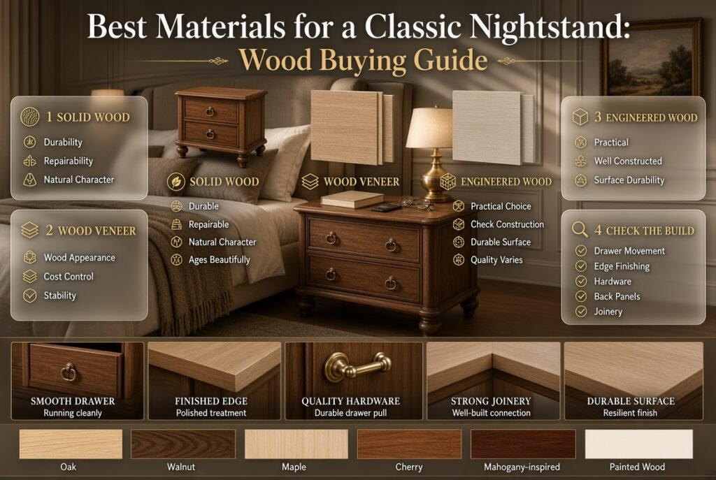 Classic nightstand materials compared with solid wood, veneer, and engineered wood for durability, style, storage quality, and bedroom design.