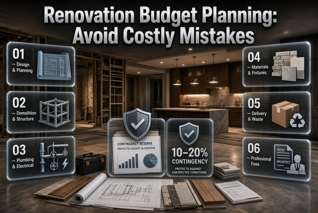 Renovation budget planning with home renovation materials, architectural plans, cost categories, and contingency planning displayed in glass panels.