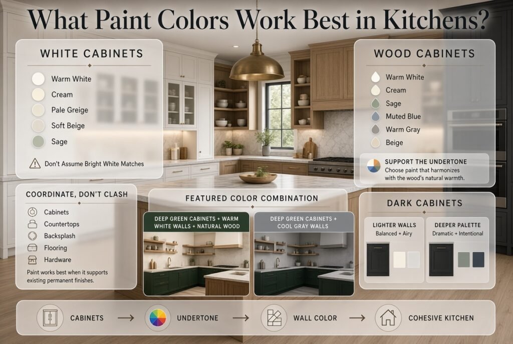 Best kitchen paint colors for white, wood, and dark cabinets, including warm white, sage, beige, muted blue, and warm gray.