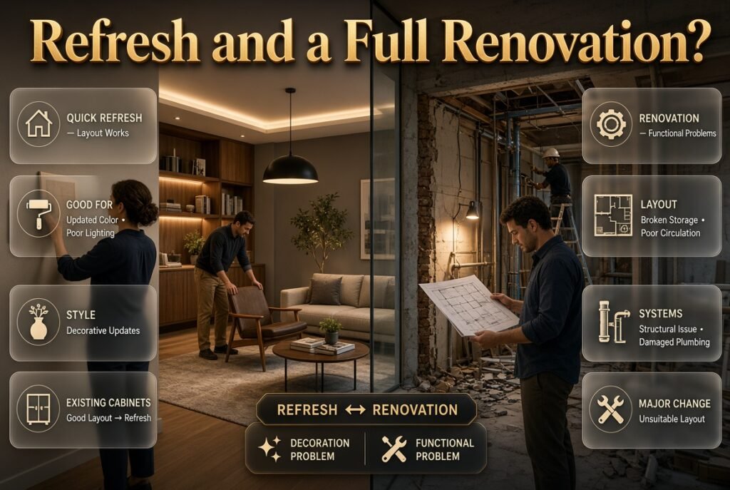 Home refresh versus renovation showing designers comparing furniture, lighting, layout, storage, plumbing, and structural improvements.