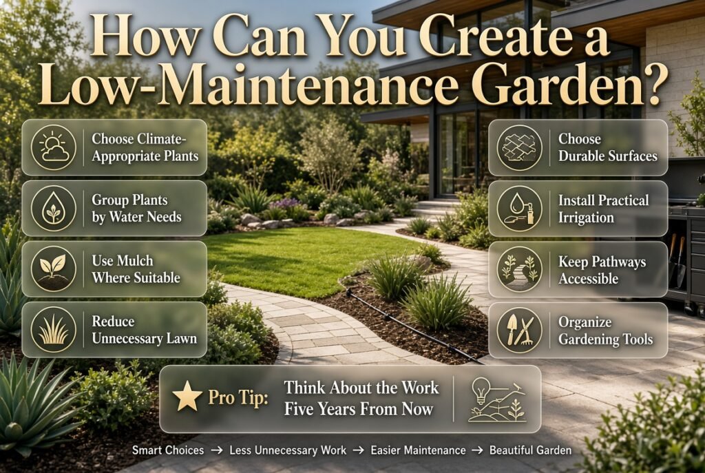 Low-maintenance garden with climate-friendly plants, mulch, durable surfaces, practical irrigation, and organized outdoor pathways