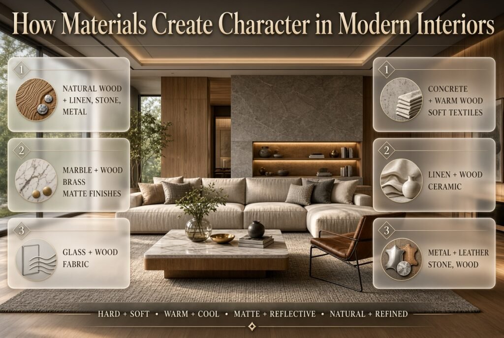 Modern elegant interior combining wood, marble, linen, glass, stone, leather, metal, and soft textiles for layered contrast.