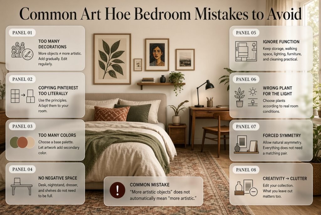 Art hoe bedroom mistakes to avoid, including excessive decor, clutter, poor color control, ignored function, and lack of negative space.