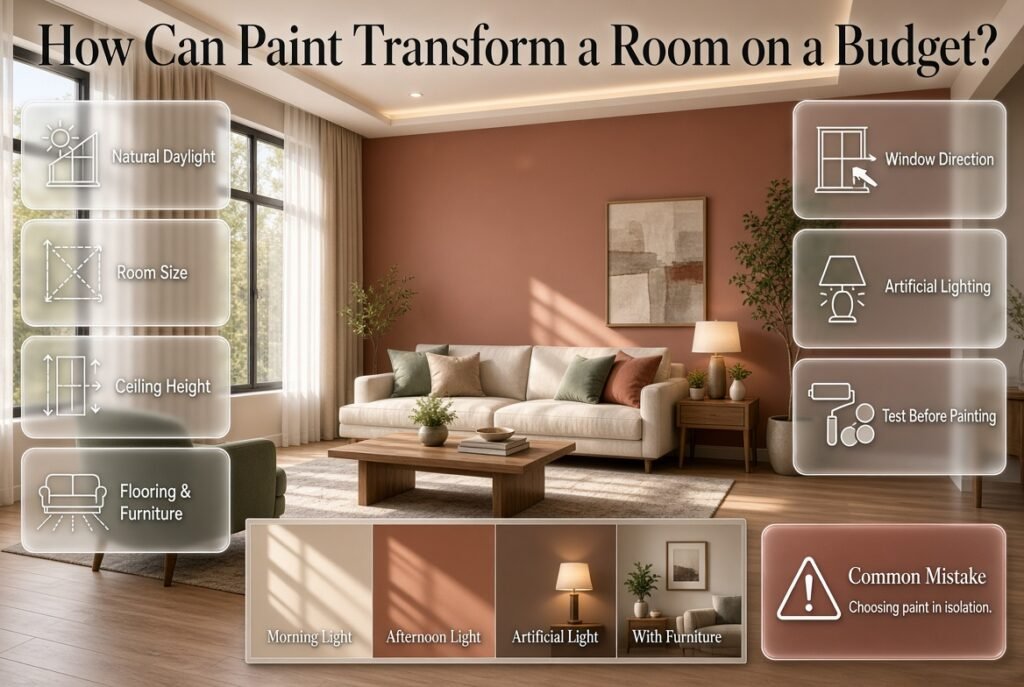 Budget room transformation using paint, natural light, furniture, flooring, and carefully tested wall colors for a cohesive interior