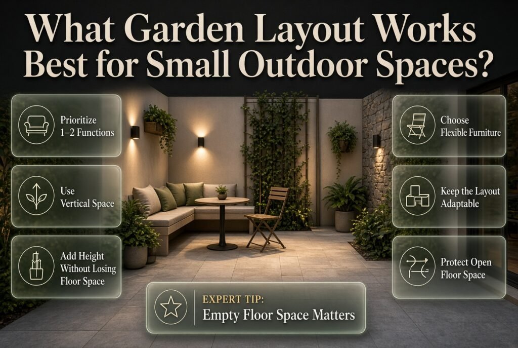 Small garden layout with compact seating, vertical plants, flexible furniture, wall lighting, and open floor space