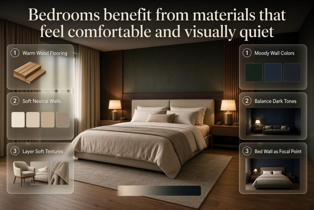 Bedroom flooring and wall color ideas featuring warm wood floors, soft neutral walls, moody accents, cozy textures, and layered lighting