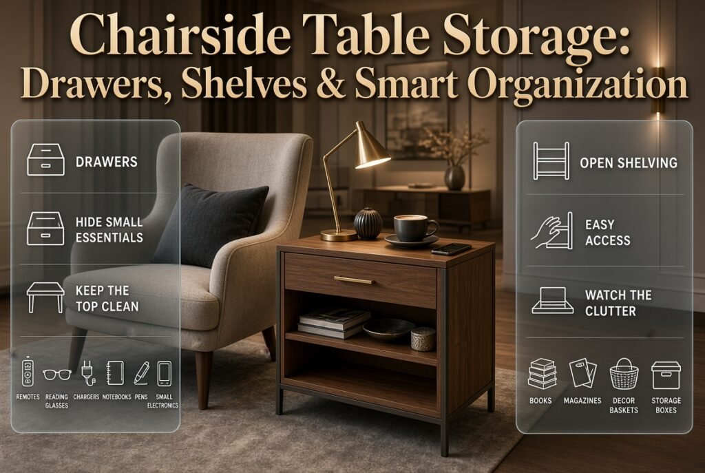 Chairside table with drawers and open shelves storing books, remotes, chargers and decor beside a comfortable reading chair