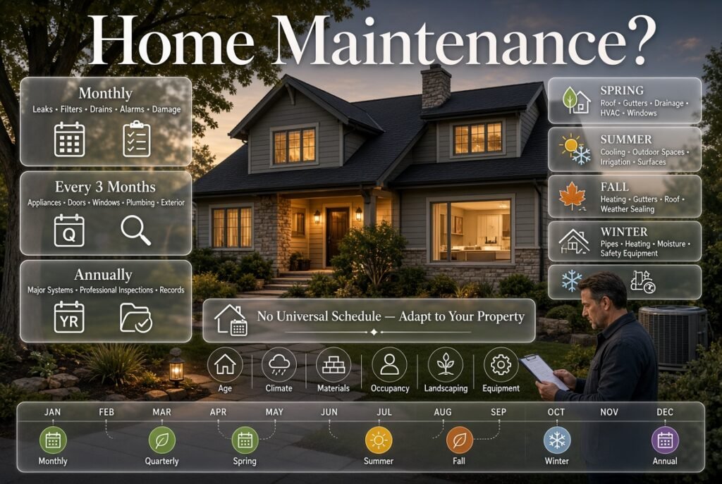 Home maintenance schedule showing monthly, quarterly, seasonal, and annual tasks for roofs, gutters, HVAC, plumbing, and safety