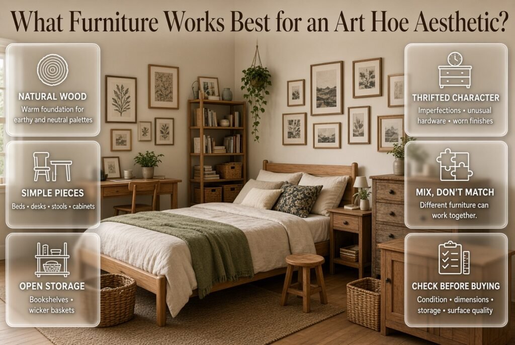 Art hoe bedroom with natural wood furniture, vintage nightstands, open shelving, wicker baskets, and eclectic second-hand pieces.