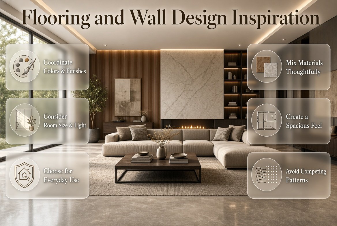 Flooring and wall design inspiration featuring coordinated floors, wall finishes, textures, lighting, and elegant interior styling Flooring and Wall Design Inspiration