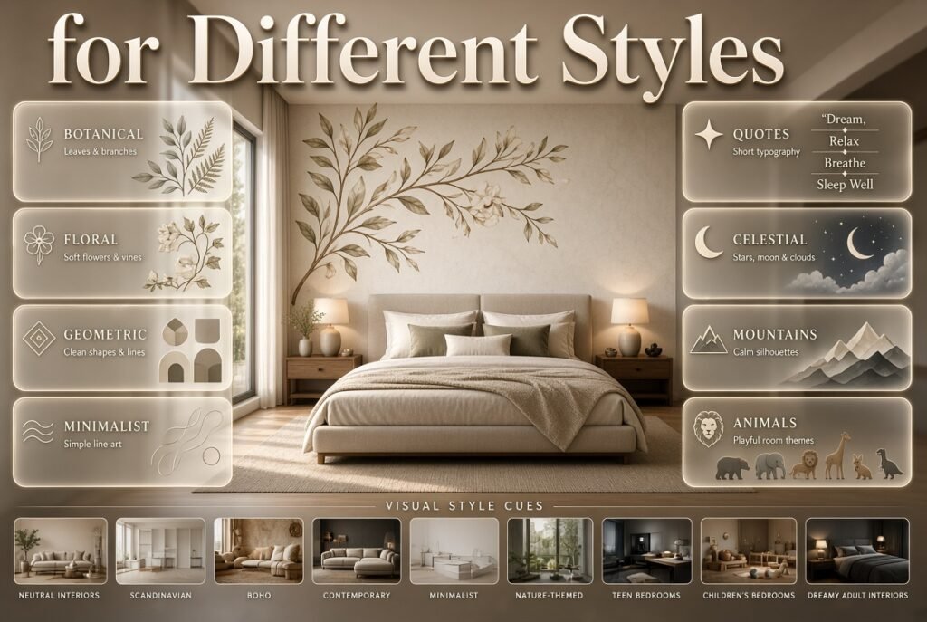 Bedroom wall stickers for botanical, floral, geometric, minimalist, celestial, mountain, quote, and animal-inspired room styles Bedroom Wall Stickers for Different Styles and Room Moods