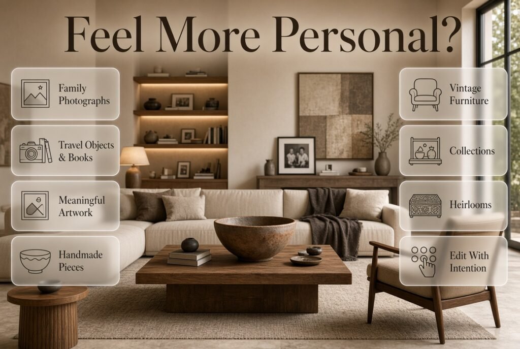 Luxury living room with family photos, travel objects, books, artwork, handmade ceramics, vintage furniture, and meaningful heirlooms.