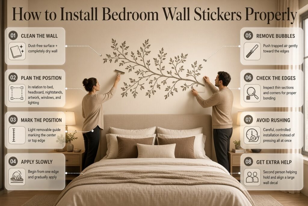 How to install bedroom wall stickers properly by cleaning, positioning, applying, smoothing bubbles, and checking decal edges