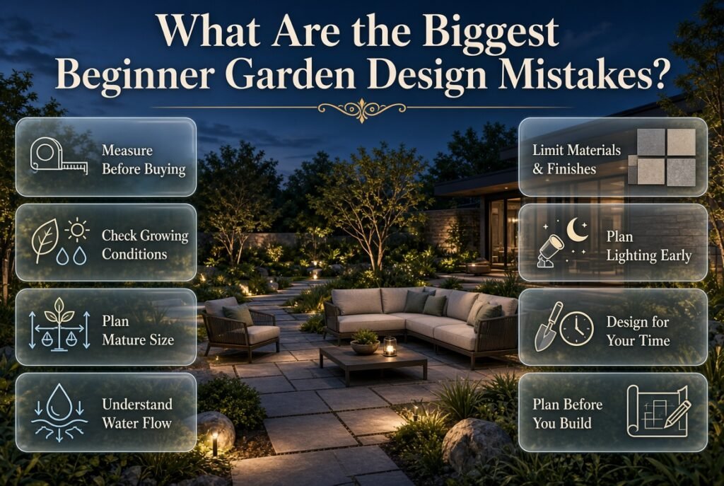 Beginner garden design mistakes including oversized furniture, poor plant choices, crowded planting, drainage issues, and weak lighting