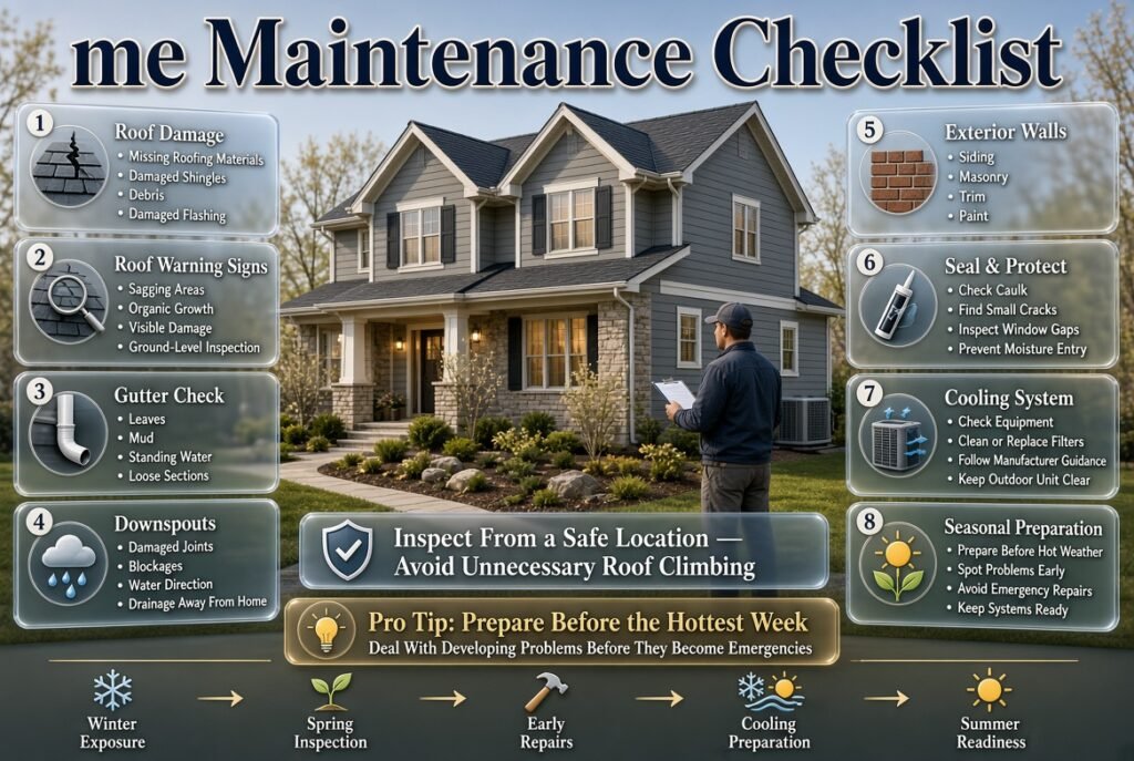 Spring home maintenance checklist covering roof damage, gutters, exterior walls, weather sealing, and cooling system preparation