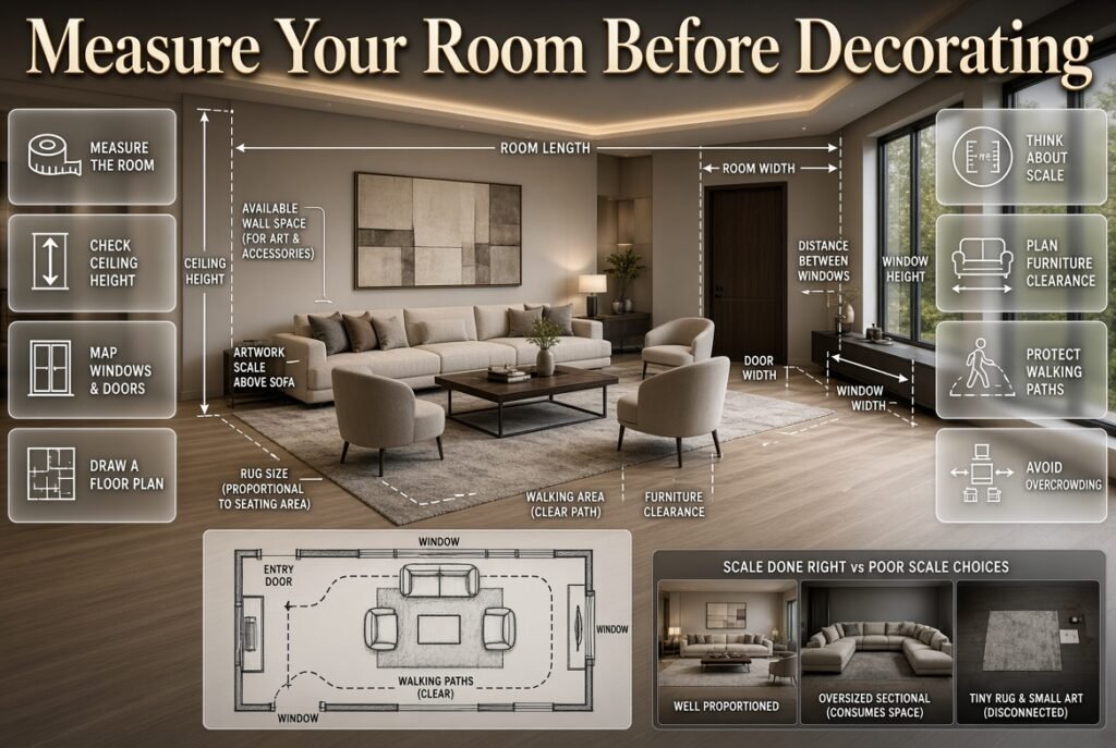 Modern room measurement infographic showing walls, ceiling, windows, furniture, floor plan, scale, and walking clearance for home decor.