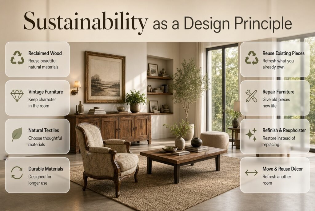 Sustainable interior design featuring reclaimed wood, vintage furniture, natural textiles, repaired pieces, and reused home décor.