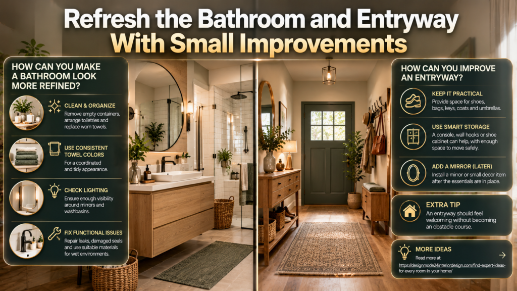 Elegant bathroom and entryway featuring organized toiletries, coordinated towels, warm lighting, wooden storage, wall hooks, and practical decorating ideas.