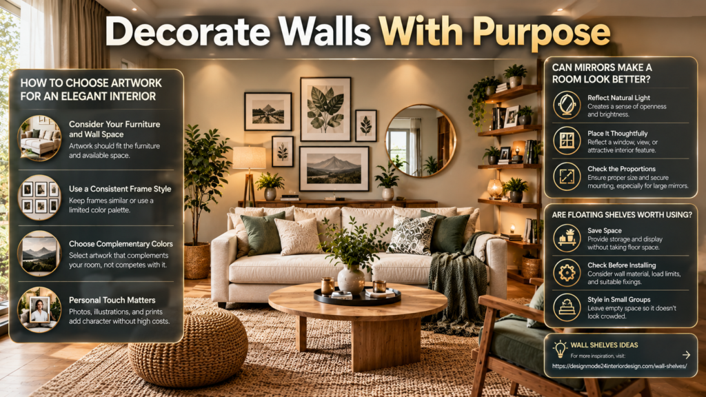 Elegant living room wall decor featuring framed artwork, a decorative mirror, floating shelves, indoor plants, and warm lighting for a sophisticated interior.