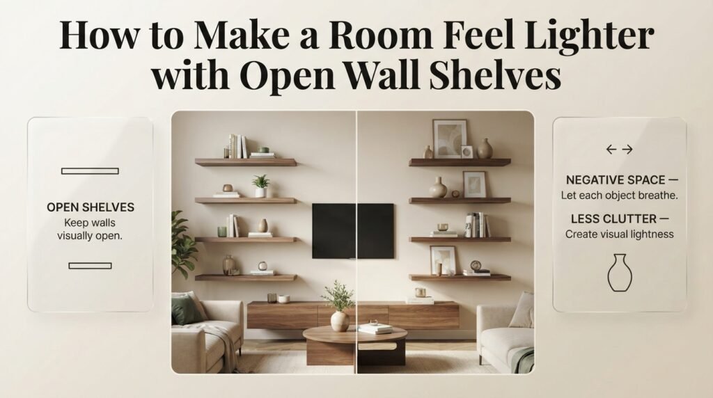 Open wall shelves with books, a small plant, ceramic decor, and empty space creating a lighter, balanced living room.