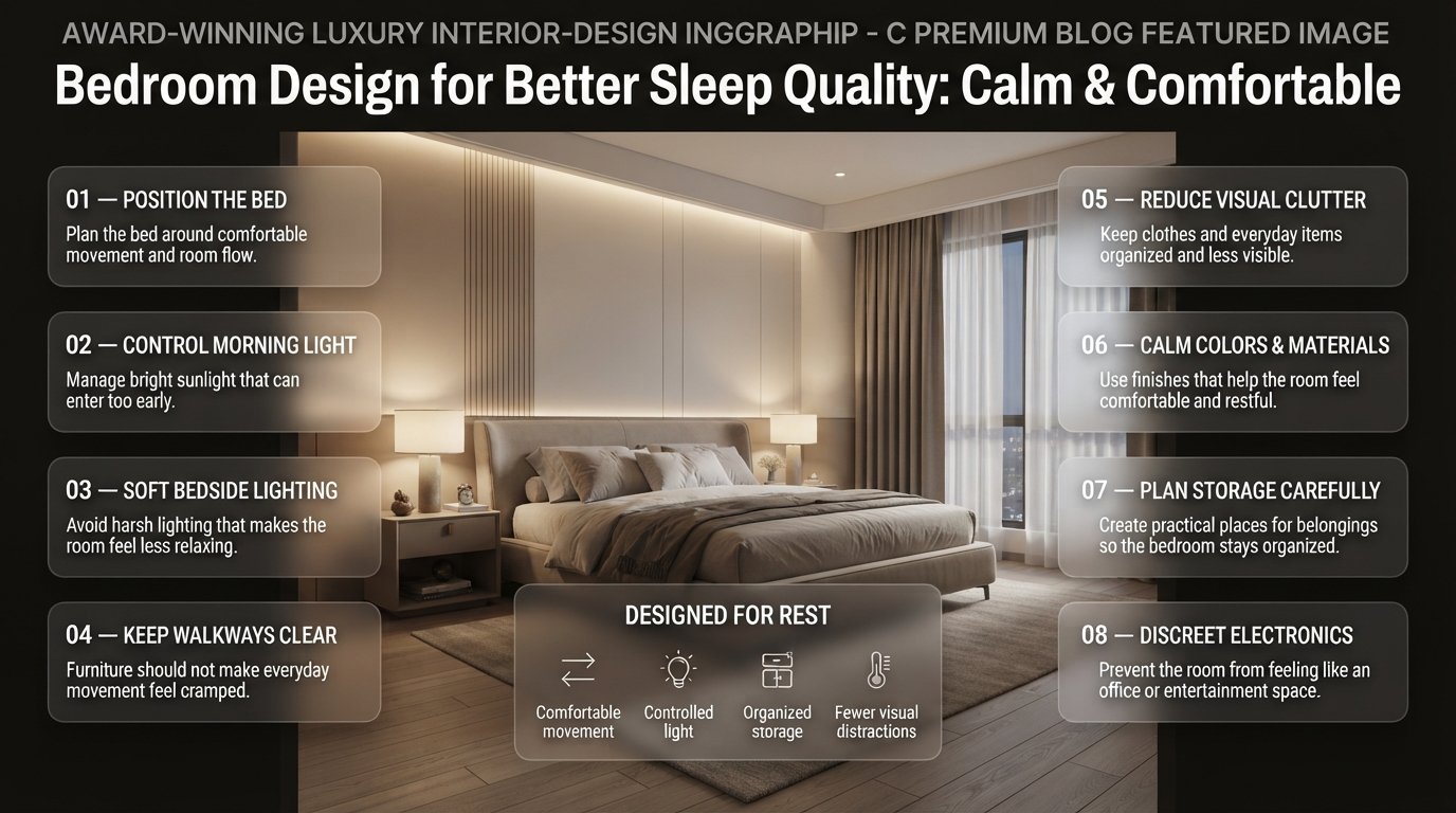 Bedroom design for better sleep quality with calming lighting, organized storage, comfortable furniture, balanced colors, and reduced clutter Bedroom Design for Better Sleep Quality: Calm & Comfortable
