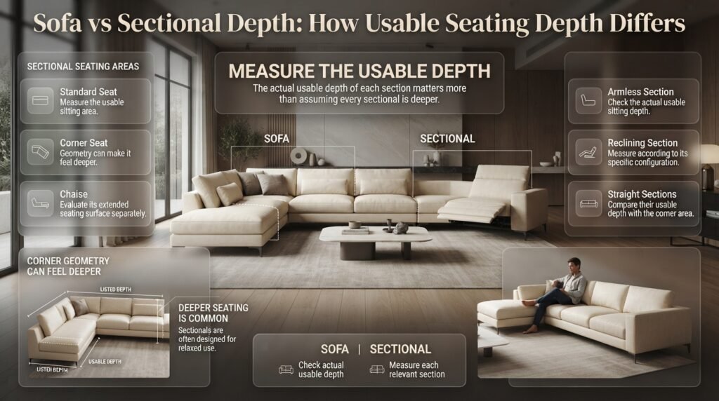 Sofa and sectional comparison showing usable seat depth across standard, corner, chaise, armless, and reclining sections.