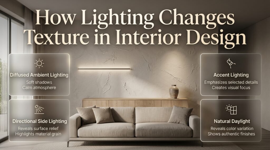 How lighting changes texture in interior design using side lighting, soft ambient illumination, and natural daylight to reveal surface details.