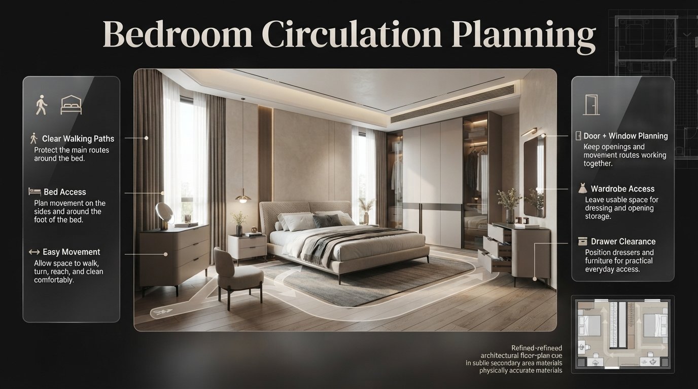 Bedroom circulation planning with clear walking paths around the bed, wardrobe, dresser, and furniture for comfortable movement.Bedroom Circulation Planning for a Comfortable, Functional Layout