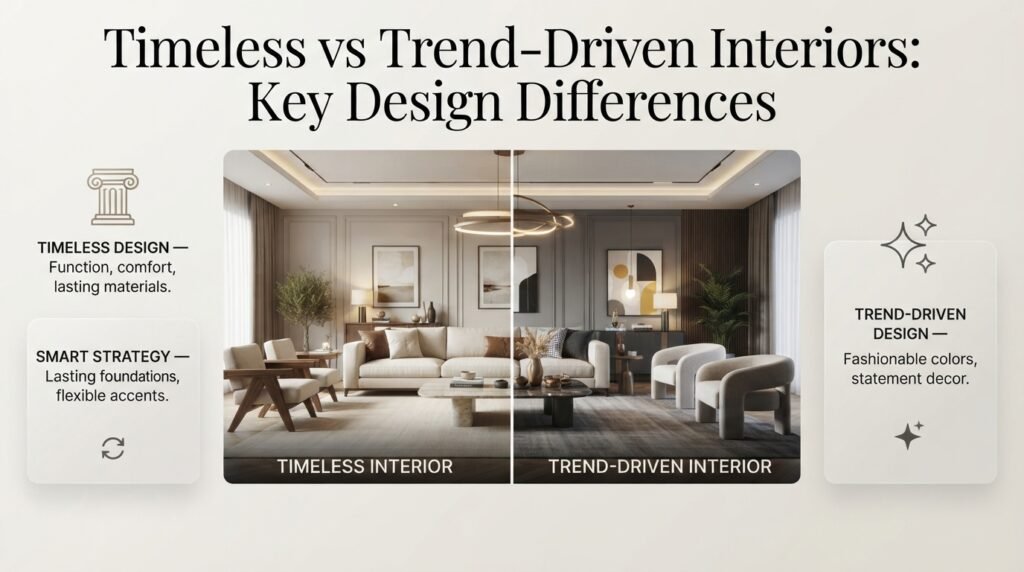 Timeless vs trend-driven interiors comparing classic furniture, neutral colors, durable materials, trendy decor, and fashionable finishes.