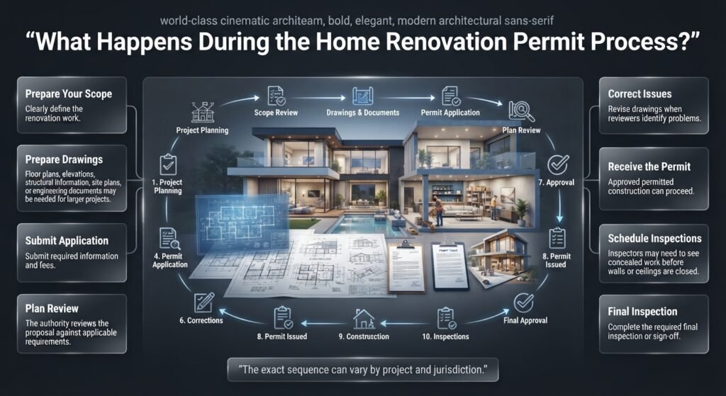 Home renovation permit process showing planning, drawings, application, review, corrections, approval, inspections, and final sign-off.