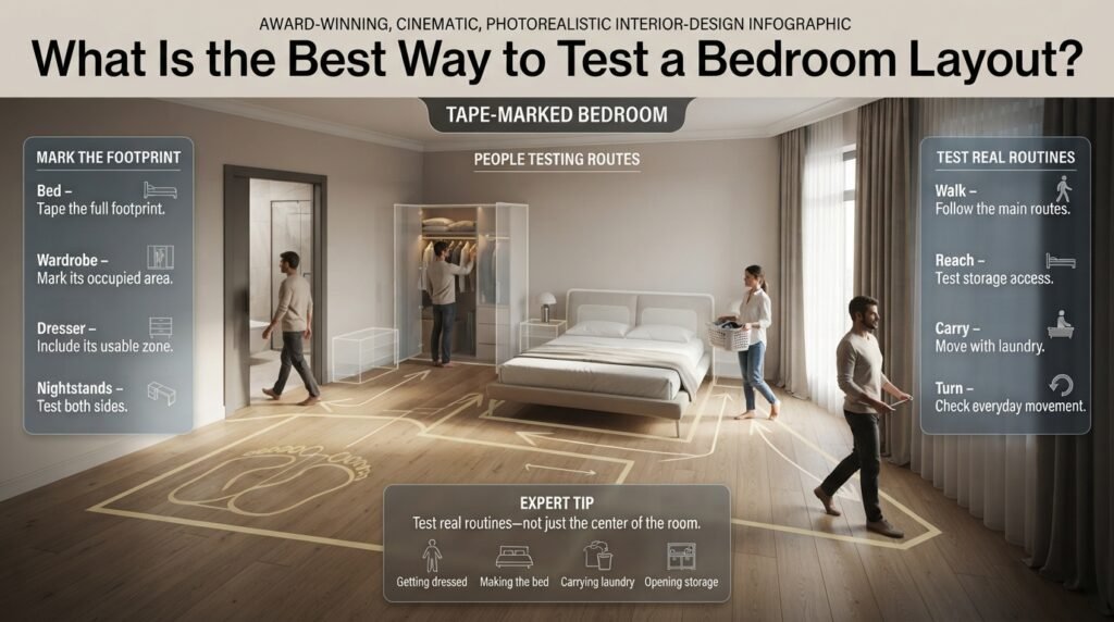 Bedroom layout test using masking tape to mark the bed, wardrobe, dresser, nightstands, and walking paths before furnishing.