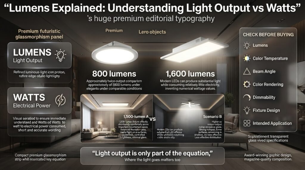 Lumens explained as visible light output compared with watts, with LED lighting factors including beam angle and color temperature.