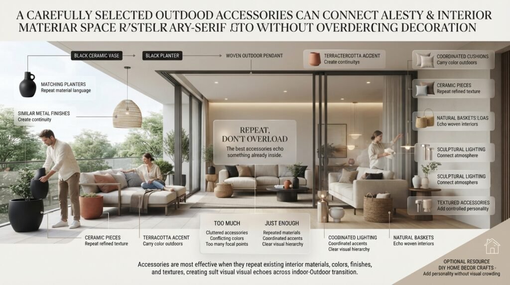 Luxury indoor outdoor space with matching planters, ceramic decor, woven accessories, cushions, and sculptural lighting