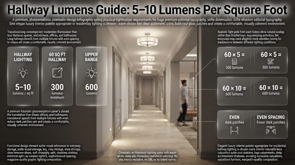 Hallway lighting guide showing 5–10 lumens per square foot and 300–600 lumens for a 60-square-foot hallway.