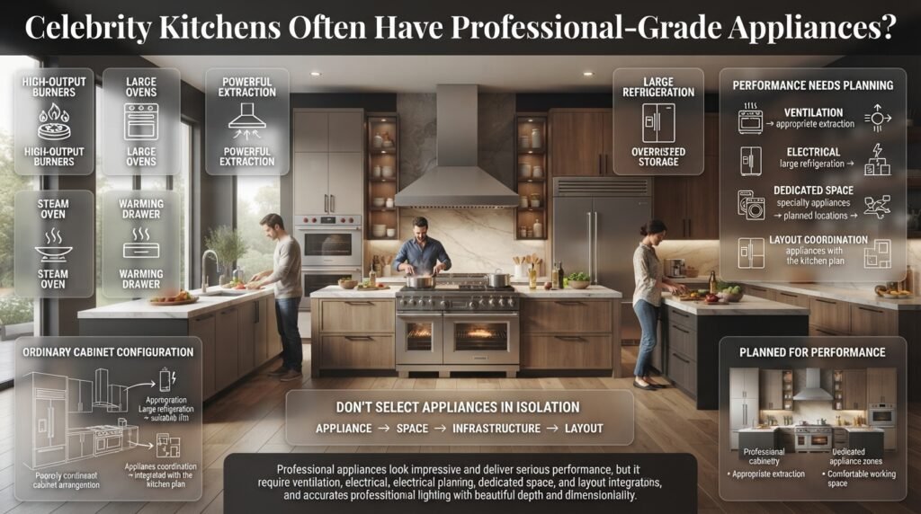 Luxury celebrity-style kitchen featuring professional appliances, powerful range, ventilation, large refrigerator, steam oven, and warming drawer