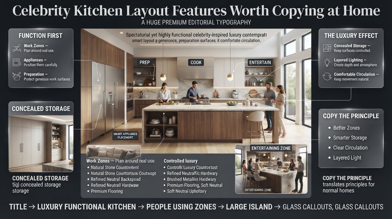 Luxury celebrity kitchen layout showing work zones, island circulation, appliance placement, concealed storage, lighting, and entertaining space.Celebrity Kitchen Layout Features Worth Copying at Home