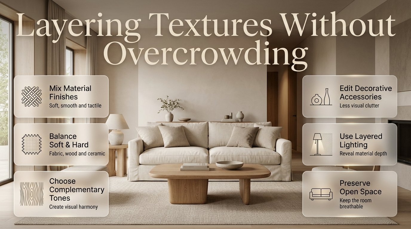 Layering textures without overcrowding using linen upholstery, natural wood, a wool rug, and ceramic decor in a balanced living room.Layering Textures Without Overcrowding: A Balanced Interior